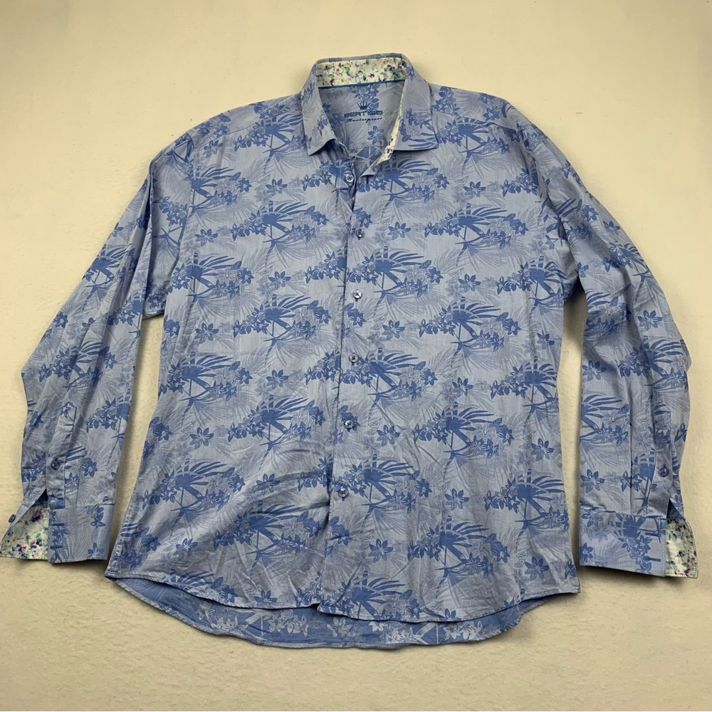 Bertigo Shirt Men’s XL Flip Cuff Blue Tropical Cotton‎ Colorful Button Up